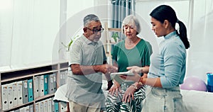 Senior physiotherapy, couple and a doctor with a tablet for a consultation and retirement healthcare. Rehabilitation