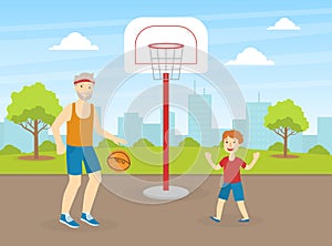 Senior Playing Basketball with His Grandson, Elderly People Active Healthy Lifestyle Vector Illustration