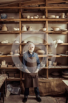 Senior potter in apron standing against shelves with pottery goods at workshop