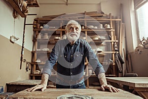 Senior potter standing and leaning on table against shelves with pottery goods at workshop