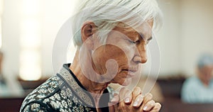 Senior, prayer or old woman in church for God, holy spirit or religion in cathedral or Christian community. Faith