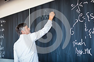 Senior professor writing on the board