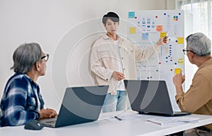 senior programmer bootcamlp,Asian young instructor guides senior learners through a programming on whiteboard, highlighting