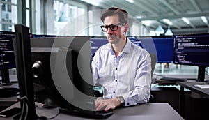 Senior Programmer Debugging Cyber Security Software At Desktop