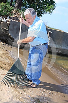 Senior raking debris from the sand
