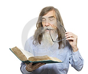 Senior reading book. Old man education, elder with beard