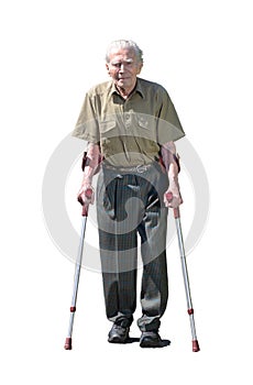 Senior retired man walking on crutches