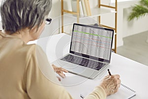 Senior retired woman accountant is working with business sheets on laptop computer