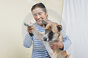 Senior retired women hug her pet friends beagle dog outside the home