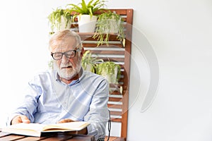 Senior retirement man happy reading book at home