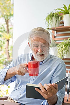 Senior retirement man happy reading book at home