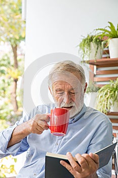 Senior retirement man happy reading book at home