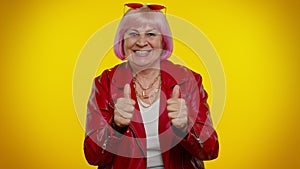 Senior rocker old woman wish for good luck waiting lottery winning, great fortune, celebrating happy