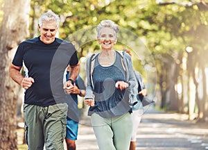 Senior runner group, park and fitness for smile, teamwork or motivation for wellness in summer sunshine. Happy elderly