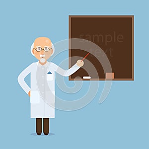 Senior science teacher, scientist professor standing in front of blackboard