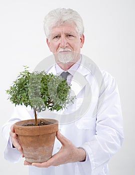 Senior scientist holding plant