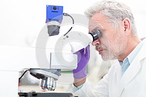 Senior scientist microscoping in lab.