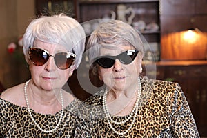 Senior sisters with matching leopard outfits