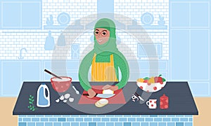 Senior smiling woman wearing a hidjab preparing a meal. Flat style vector illustration.