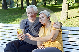 Senior spouses sit on bench in summer park with smartphone