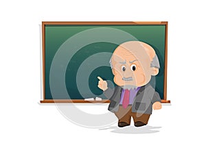 Senior teacher, professor standing in front of blackboard teaching student in classroom.