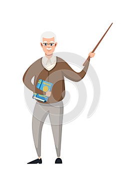 Senior teacher, professor standing in front, and holds pointer with book. Cartoon character design. Flat  illustration