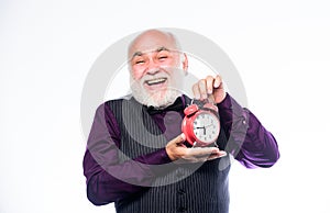 Senior timekeeper. Counting time. Time does not spare anyone. Time and age concept. Bearded man clock ticking. Aged man photo