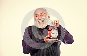 Senior timekeeper. Counting time. Time does not spare anyone. Time and age concept. Bearded man clock ticking. Aged man