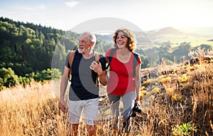 Senior tourist couple travellers hiking in nature, walking and talking.