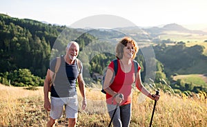 Senior tourist couple travellers hiking in nature, walking and talking.