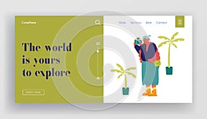 Senior Tourist Making Pictures on Photo Camera in Exotic Country Website Landing Page. Old Woman Traveling Excursion