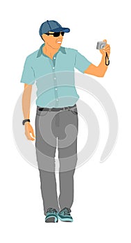 Senior tourist photographer with camera vector illustration. Journalist work for breaking news. Mature man traveler capture moment