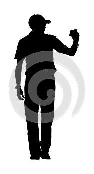 Senior tourist photographer with camera vector silhouette. Journalist work for breaking news. Mature man traveler capture moment.