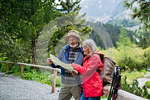 Senior tourists with backpacks reading map, preparing for hike.
