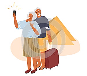 Senior travel activity and summer vacation. Happy elderly couple traveling the world together, flat vector illustration.