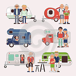 Senior travel vector elderly family couple travelling on camping trailer and retired character on a vacation motor