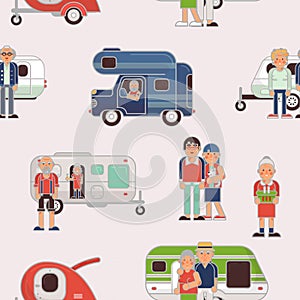 Senior travel vector elderly family couple travelling on camping trailer and retired character on a vacation motor