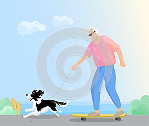 Senior traveler on a skate with dog, activity summer vacation, elderly man tourist walking with border collie