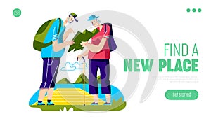 Senior travelers concept of landing page with elderly couple of aged backpackers hiking in mountain