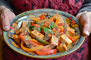 senior with a vibrant dish of stirfried tofu and bell peppers