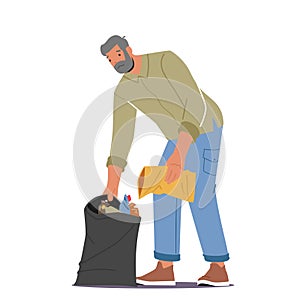 Senior Volunteer Male Character Cleaning Garbage from Ground, Elderly Man Collecting Trash to Sack. Volunteering Charity