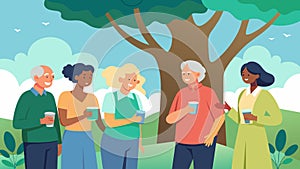 A senior walking club taking a respite under the shade of a large oak tree sipping on cold water and sharing jokes photo