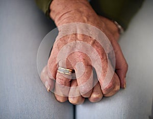 Senior woman, anxiety and hands on lap for worry, concern and stress waiting for medical results. Healthcare, mental