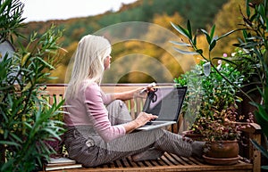 Senior woman architect with laptop sitting outdoors on terrace, working.