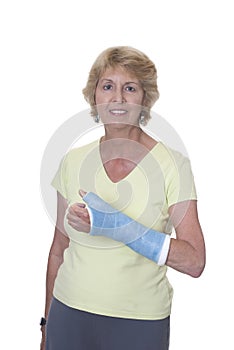 Senior woman with arm in blue cast
