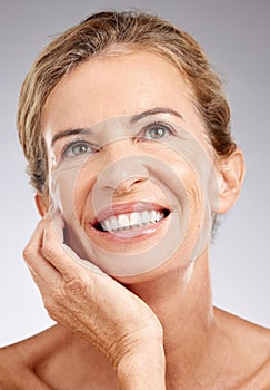 Senior woman, beauty and skincare, face smile and teeth for aesthetic makeup, facial glow or natural body cosmetics on