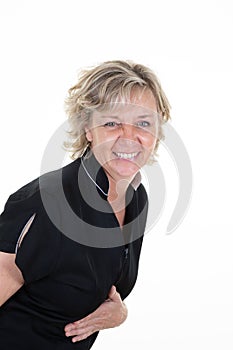 Senior woman with blue eyes blond hair smiling confident happy smiling expression middle age lady in good mood on white background