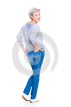 Senior woman in blue jeans