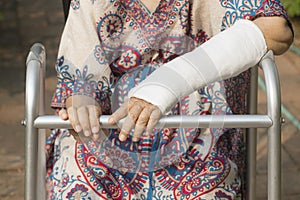 Senior woman broken wrist using walker.