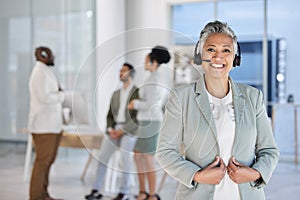 Senior woman, call center portrait and teamwork in blurred background with smile, happiness and planning. Happy crm